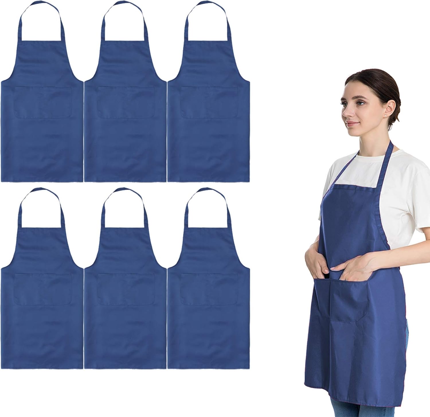 Total 6PCS Blue Bib Apron Adult with 2 Pockets for Women Men Chef Cooking Kitchen (6, Deep Blue)