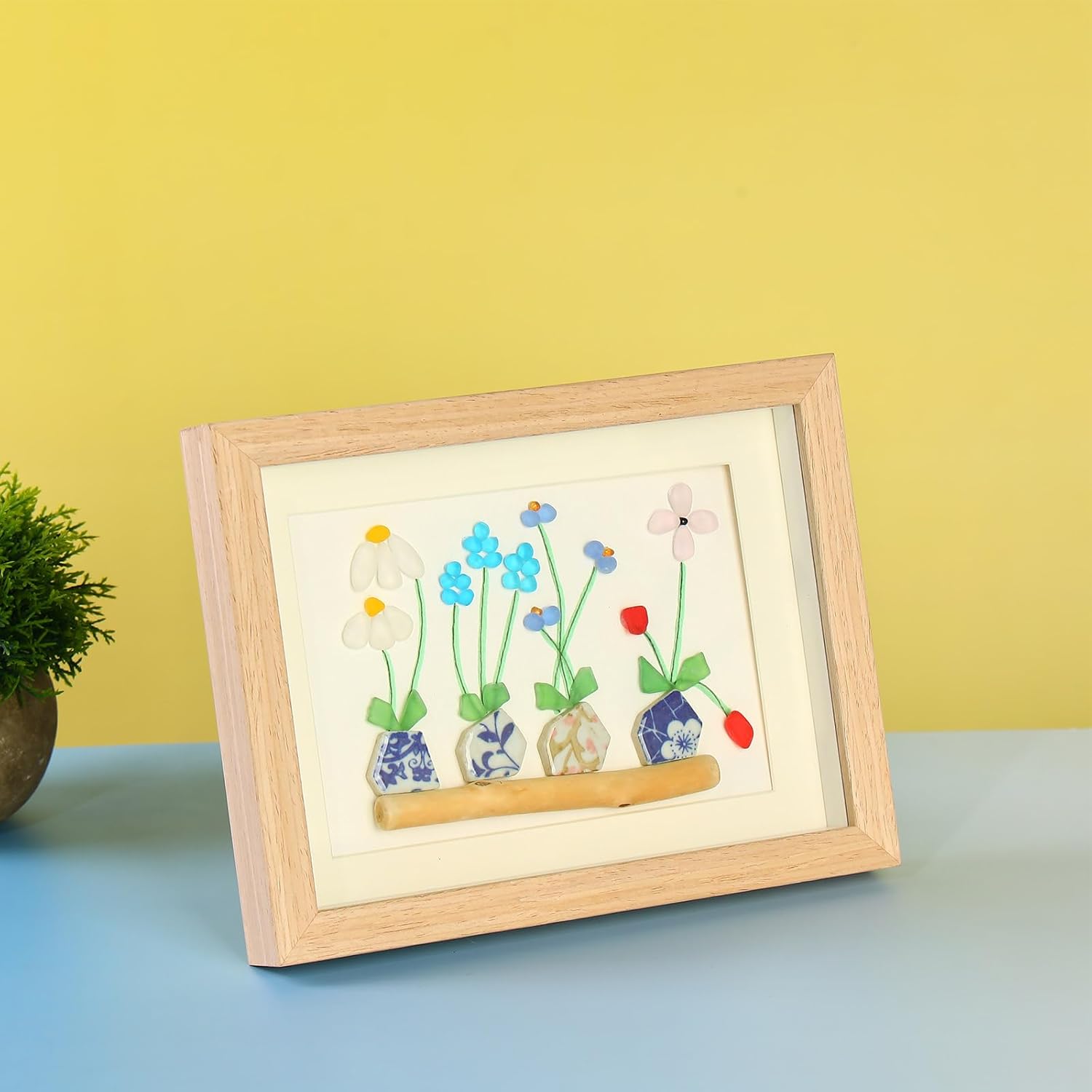 Beach Sea Glass Flowers Art Pictures, Handmade Sea Glass Art Framed Wall Art Decor, Friendship Colleague Gifts Mother's Day gift Idea,Birthday Gifts Housewarming Gift