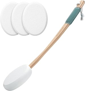 AmazerBath Lotion Applicator for Back & Feet: 17" Curved Handle + 4 Replacement Pads, Sunscreen Moisturizer Tool for Kids, Elderly, Women - White