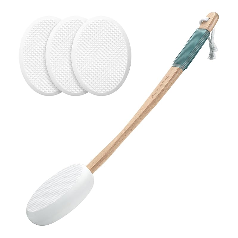 AmazerBath Aplicador de loção para costas e pés com cabo curvo de 44,96 cm e 4 almofadas de reposição, branco