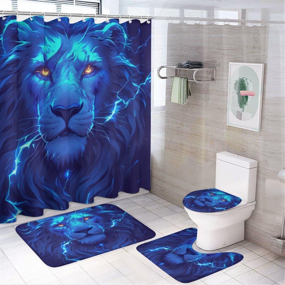 Tapis de bain antidérapants et rideau de douche lion pour salle de bain