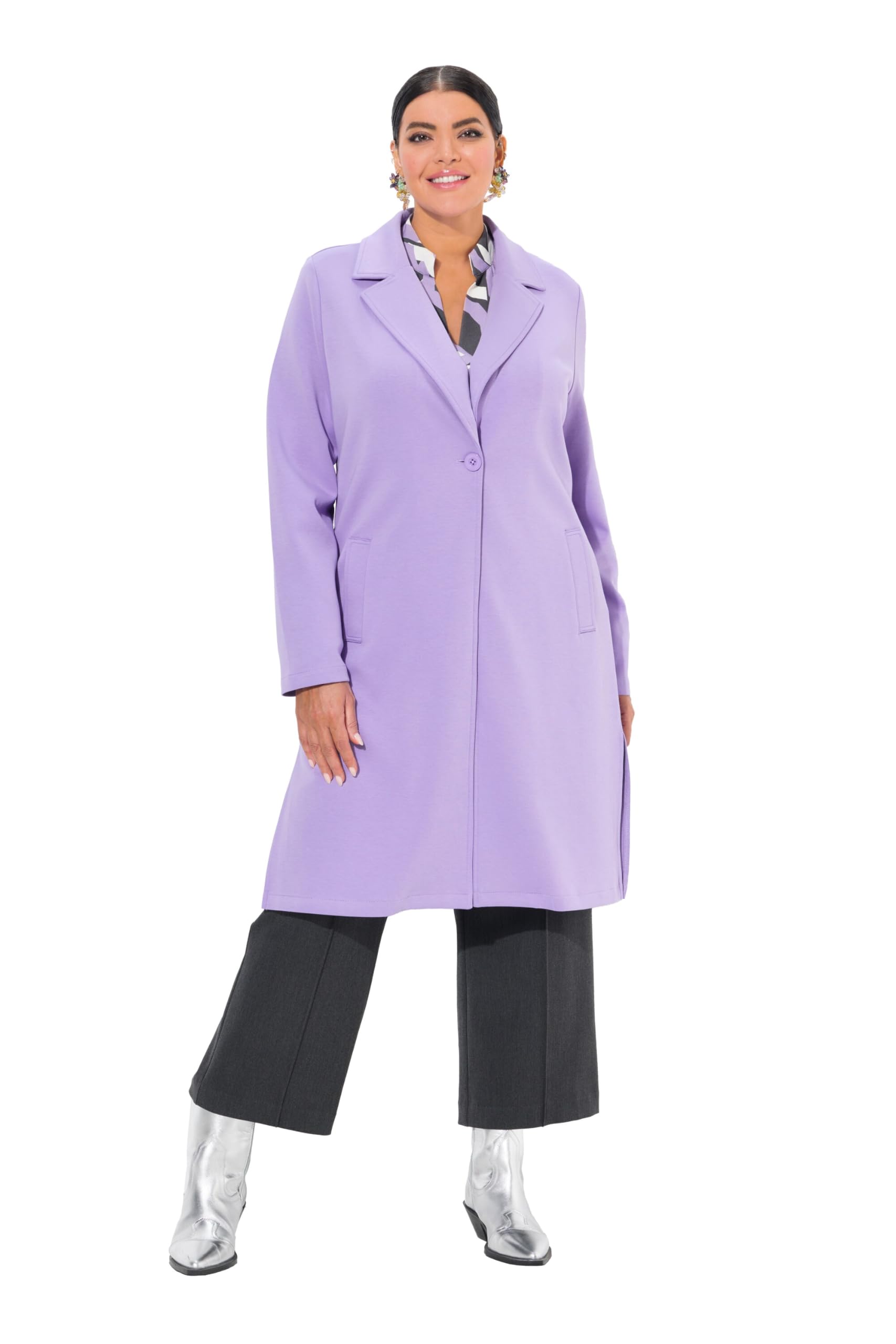 Ulla Popken Women's Punto Long Blazer Lapel Collar Long Cut Blazer, Lavender, 32 UK/34 UK