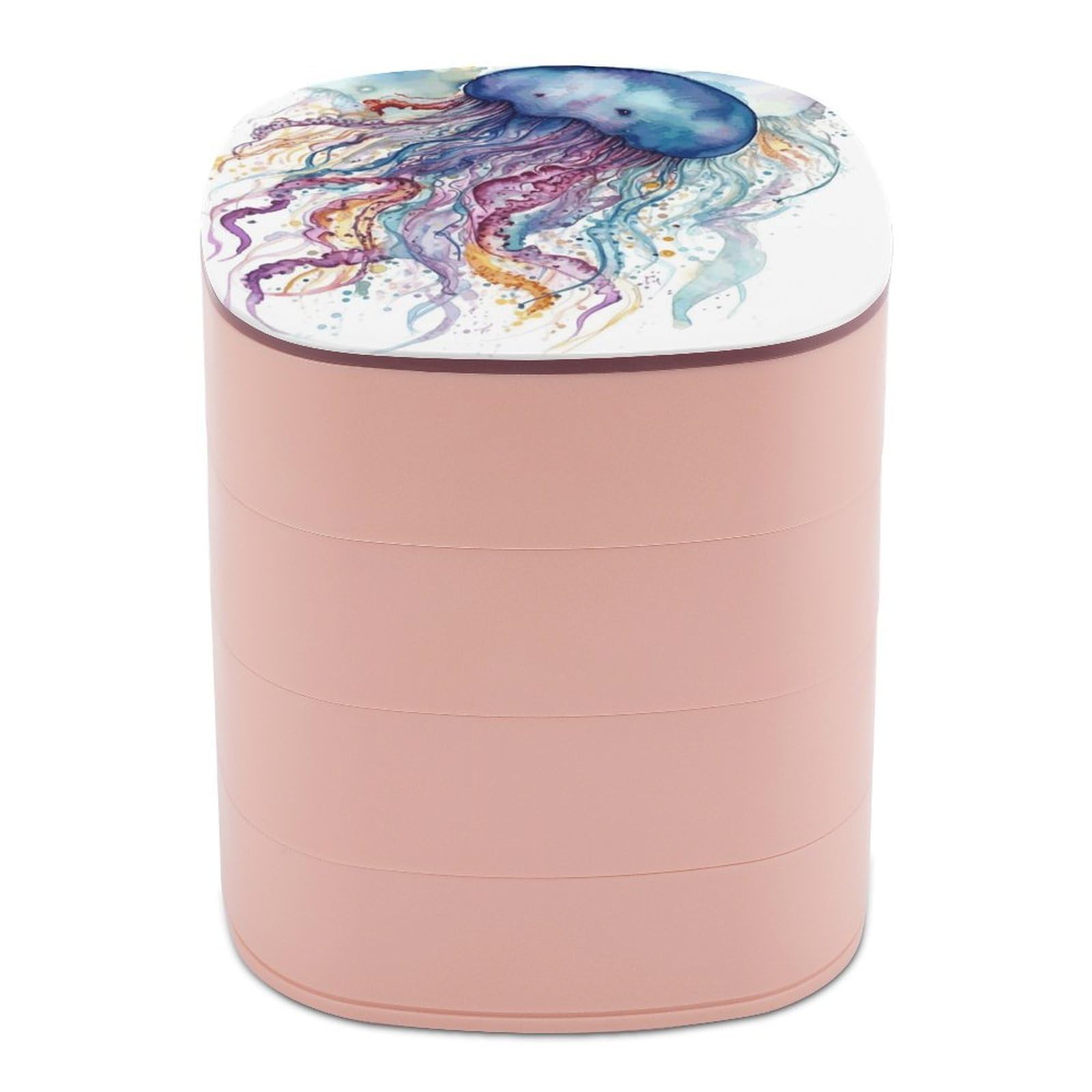 VstaDank Watercolor Jellyfish Jewelry Box 360° Rotatable Jewelry Organizer 4 Layers Jewelry Case with Lid Fashion Portable Earring Holder for Bracelets Rings Bracelets Vanity