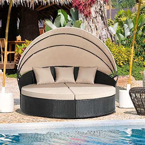 Walsunny Patio Furniture Outdoor Lawn Backyard Poolside Garden Round Daybed with Retractable Canopy Wicker Rattan, Seating Separates Cushioned Seats Cover