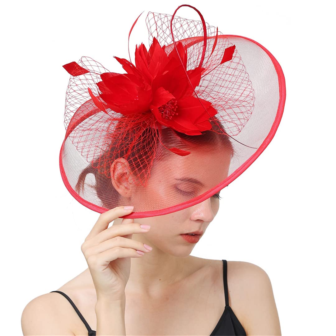 FBHappiness Bride Veils Fascinators Wedding Women Headwear Hair Clip Feather Flower Hair Accessories,Feather Flower Hair Clip(Red)