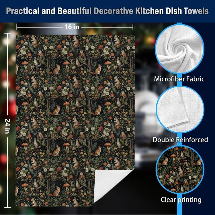 Dark Cottagecore Whimsical Forest Kitchen Dish Towels, Fairy Forest Floral Mushroom Bunny Owl Squirrel Decorative Hand Tea Towels for Bathroom Kitchen, 16x24 Inches - Image 2