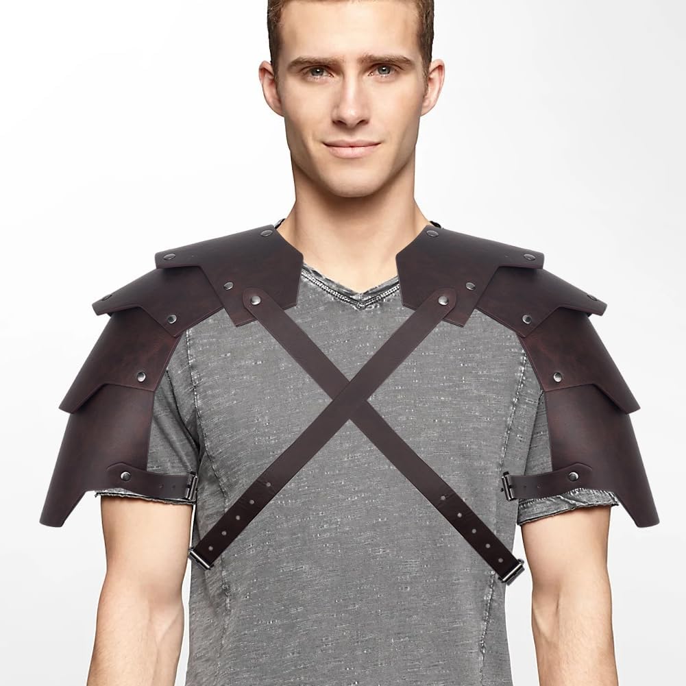 Medieval PU Leather Double Pauldron Vintage Mercenary Knight Shoulder Armor Adjustable Body Chest Harness Belt Shawl Half Shoulder Cape for LARP Cosplay Ren Faire Halloween Costume