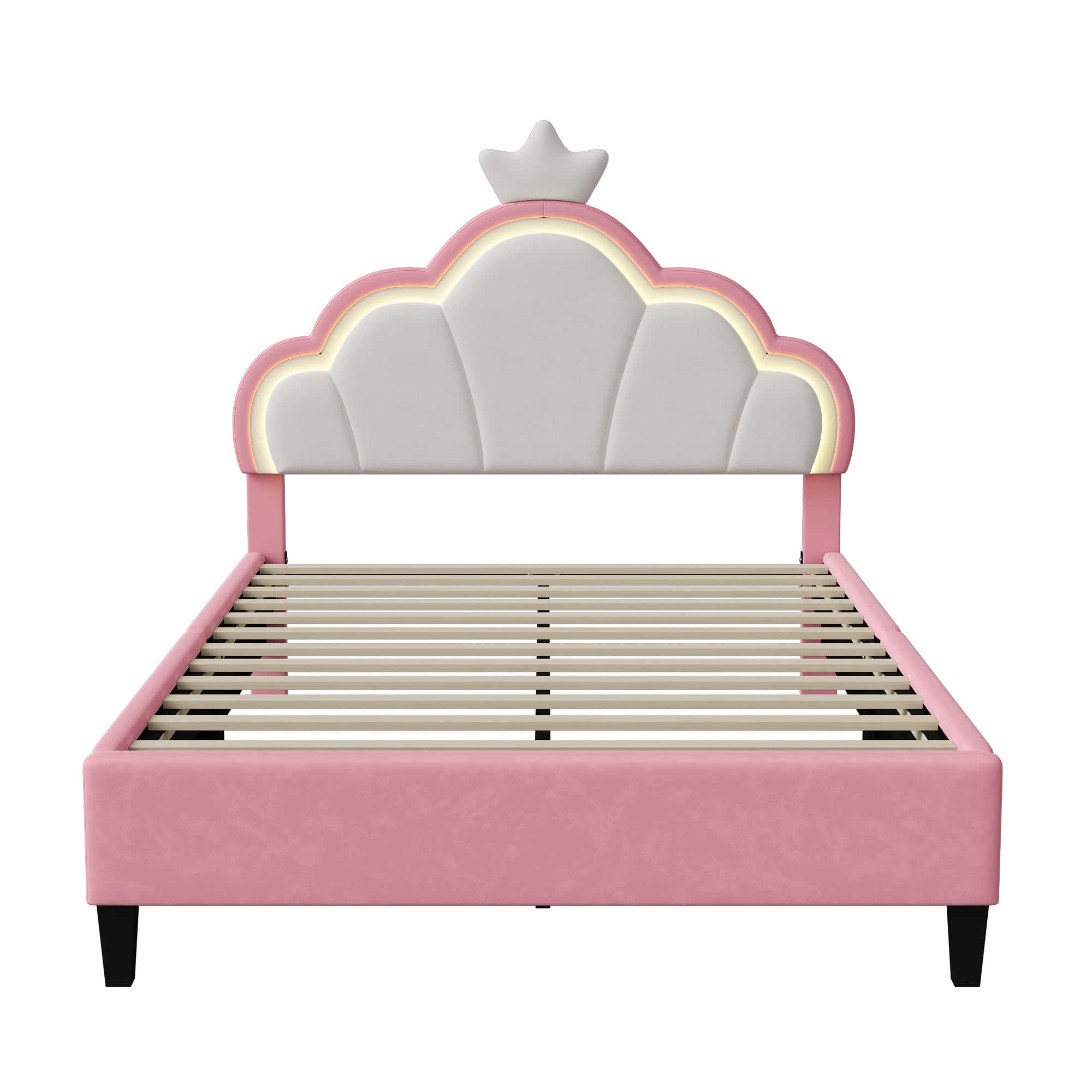 Lit Double Enfant 140x200 cm, Lit Fille Princesse avec LED, Tête de lit Réglable en Forme de Couronne,Cadre de lit Rembourré avec Sommier à Lattes,pour Enfants & Adultes (Rose, 140x200cm)