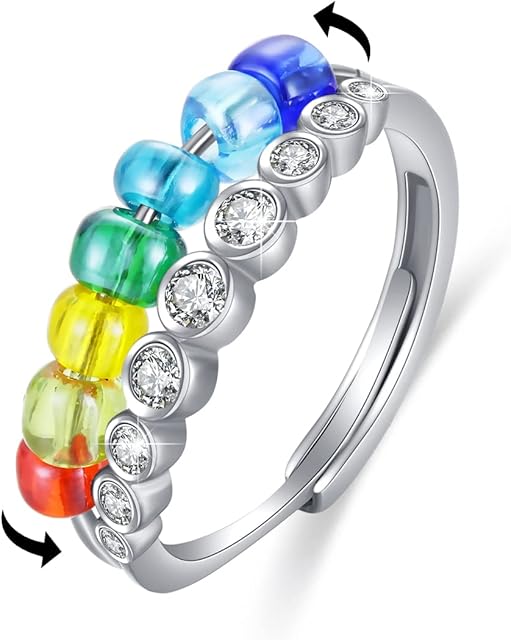 Rainbow Beads Fidget Ring,S925 Fidget Ring,Sterling Silver Anxiety Ring,Daughter Fidget Ring Spinner Ring with Beads Spinning Ring Gift to Women and Girls
