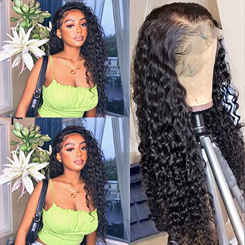 FLYBAO Deep Wave Lace Front Wigs Human Hair 20inch HD Transparent Deep Wave Wigs Human Hair Pre Plucked 180% Density 4x4 Closure Wigs with Baby Hair Curly Wigs for Women Natural Color