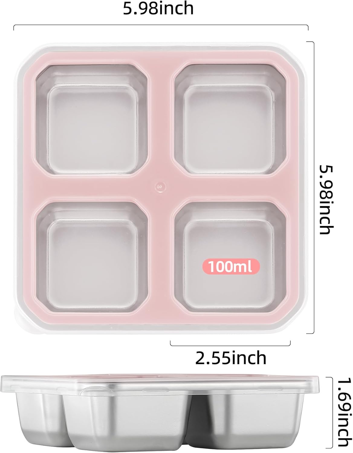 BEFOY 4 Pack Stainless Steel Snack Containers with Lids 4 Compartment Food Storage Containers for Adults Meal Prep Reusable for work or going out.(pink, 4) - Image 2