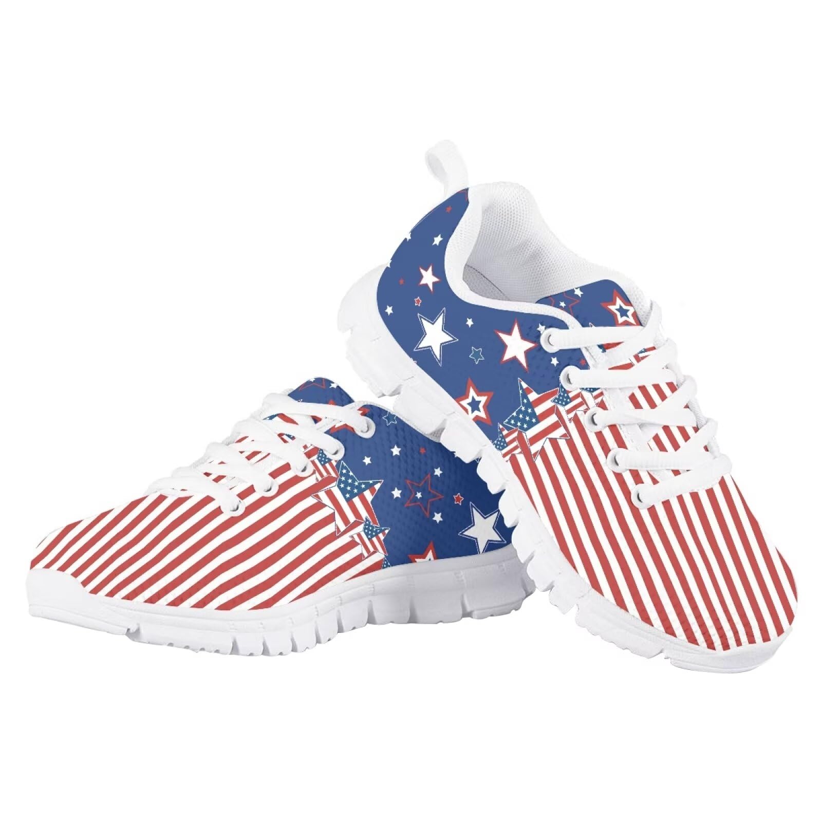 JUDENTIDOS American Flag Running Tennis Shoes for Kids Girls Boys Lightweight Lace Up Mesh Athletic Shoes