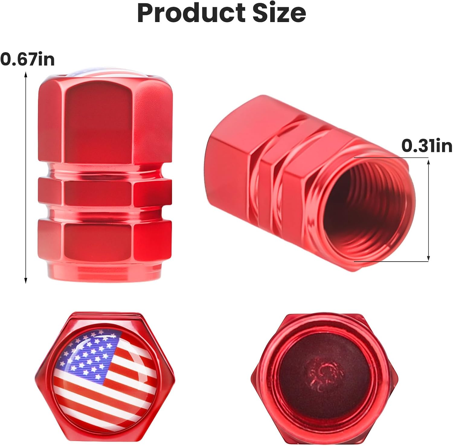 Universal Tire Valve Stem Caps, 4pcs Aluminum Tire Valve Cap Set, Corrosion Resistant Stem Covers for Cars SUVs Trucks Motorcycles Bikes (Flag-Red)