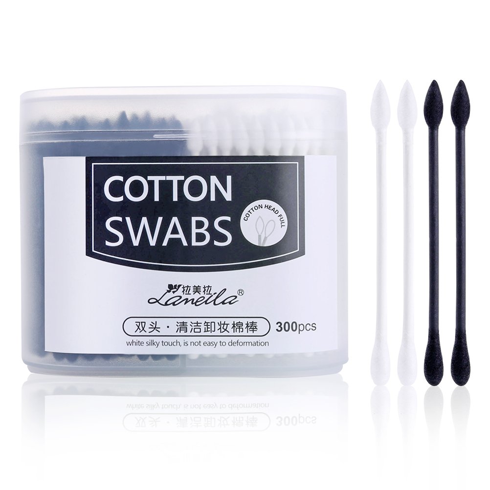 Meilamei 300 Count Cotton Swabs Buds Double Tipped 100% Cotton White and Black Natural Paper Sticks Multipurpose Cleaning Sterile Sticks Makeup Qtips