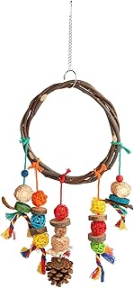 Bird Swing Chewing Toys,Bird Swing Toy Bird Perch with Colorful Chewing Toys Bird Swing Rings with Rattan Balls Corn Cobs Cotton Rope Pine Cones L