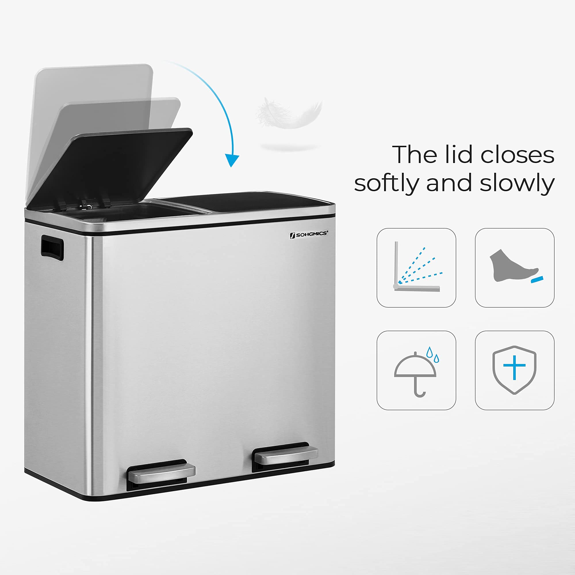 SONGMICS Dual Trash Can, 12.7 Gallon (2 x 24L) Recycling Rubbish Bin, with Lid, Inner Buckets