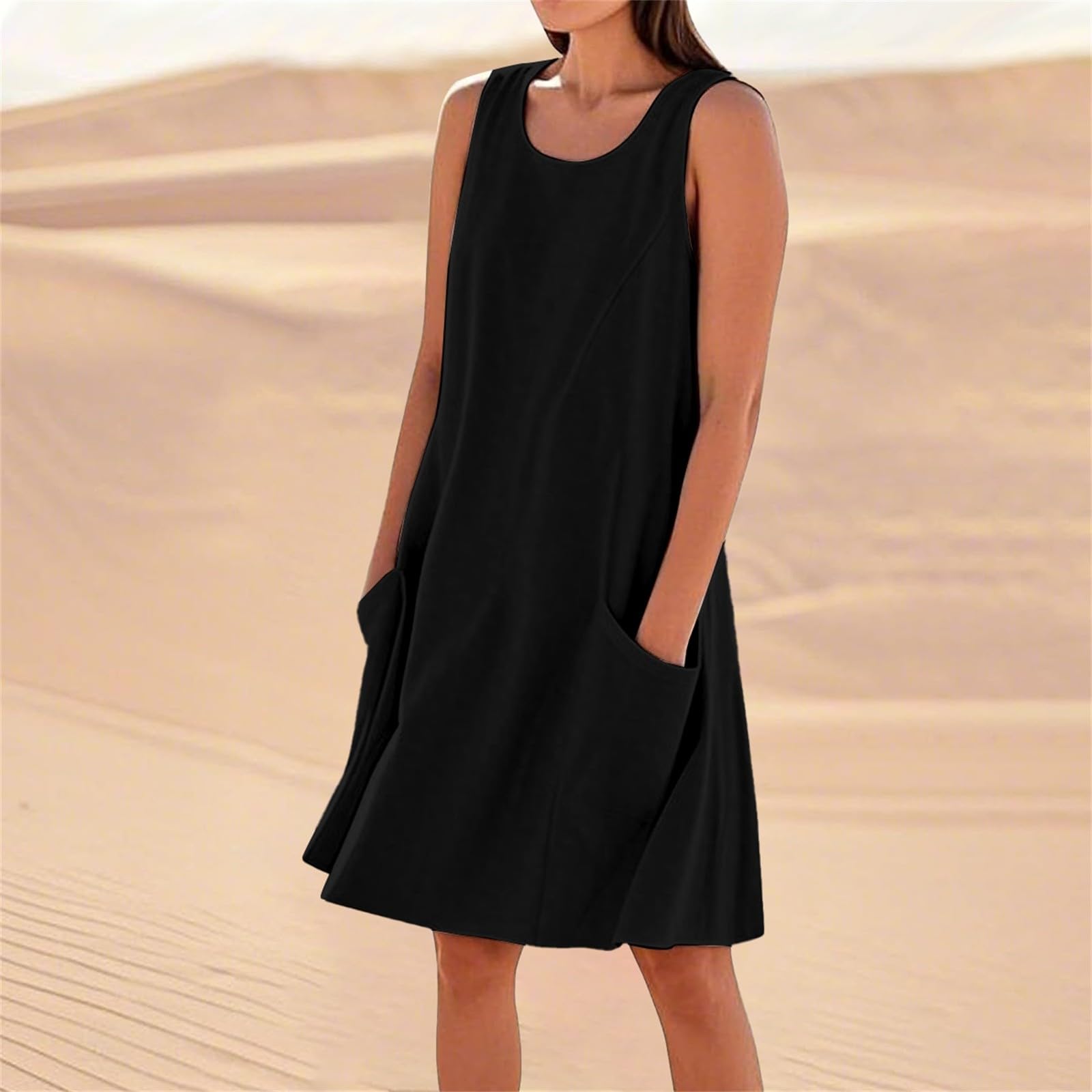 Vestido ligero de verano para mujer Midi Vestido hasta la rodilla con bolsillos | Vestido de Lino de Algodón, Cuello Redondo Sin Mangas Vestido Bohemia Perforado Ropa Transpirable para Playa