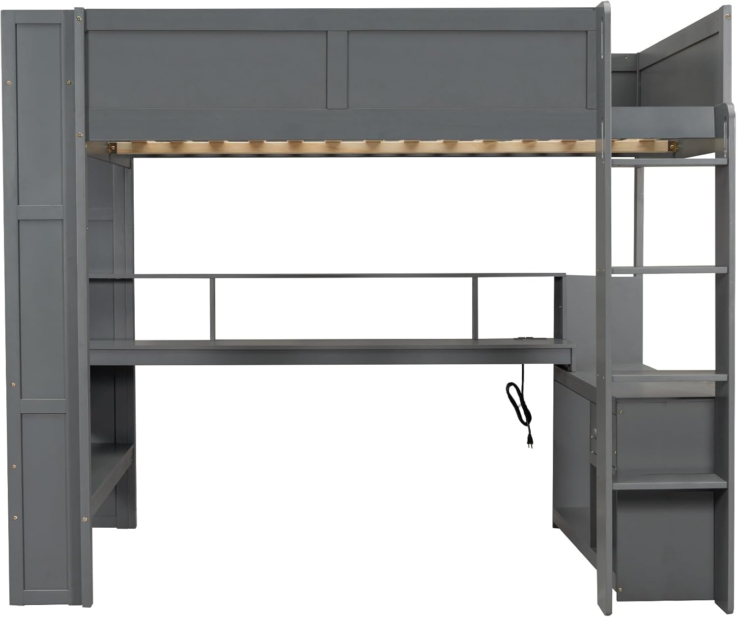 SOFTSEA Full Size Gaming Loft Bed with Desk, Wood Loft Bed with USB Ports, LED Lights, Gaming Lofts Bed with Multi-Storage Shelves & Under-Bed Space for Adults Kids Teens, No Noise, Gray