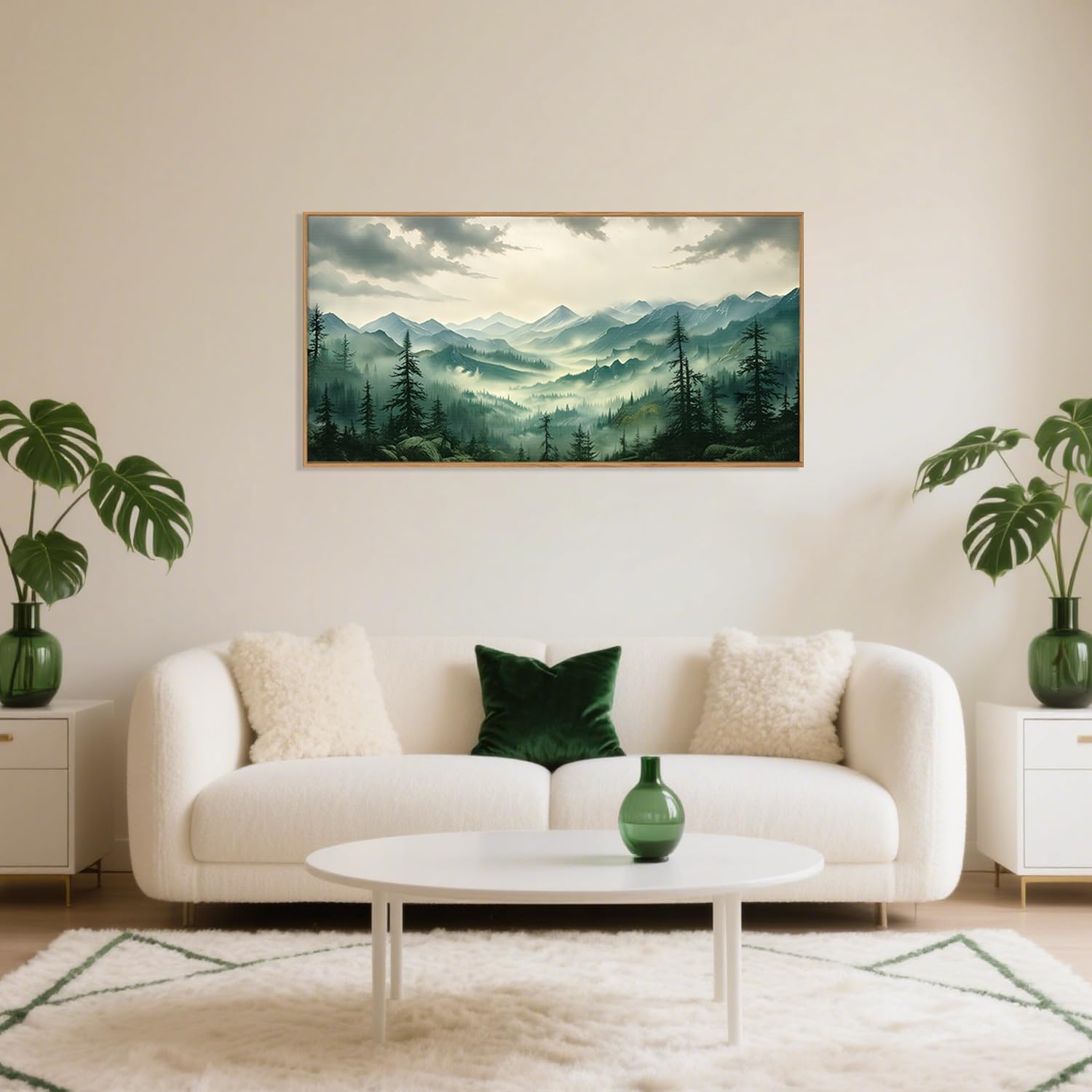 Celestdeco Green Foggy Mountain Framed Canvas Wall Art Set, Misty Forest Wall Decor, Watercolor Pine Tree Wall Painting, Large Nature Landscape Art Print for Living Room, Bedroom, Office - 20"X40" Green Ridge 20"L x 40"W