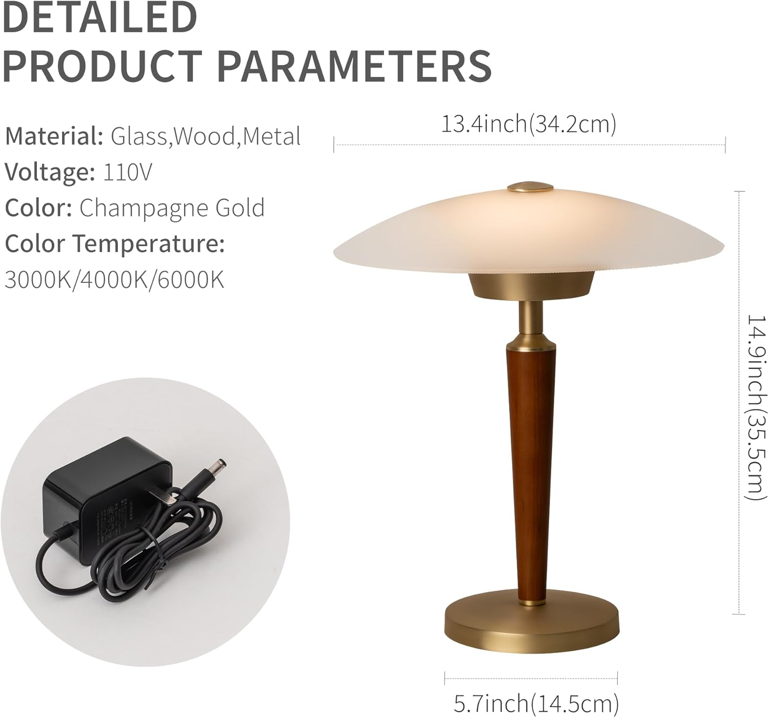 Aisilan 12W LED Gold Desk Lamp, Touch Dimmable Bedside Light with Pure Brass, Frosted Glass & White Ash Wood, Mid-Century Modern Design