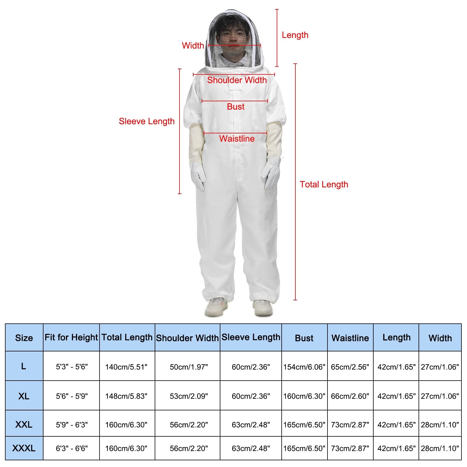 QUARKZMAN Tuta da Apicoltore per Uomo e Donna XL con Guanti e Velo (Giacca, Pantaloni, Guanti) Tute da Apicoltore per Adulti per Principianti e Professionisti dell'Apicoltura, Bianco