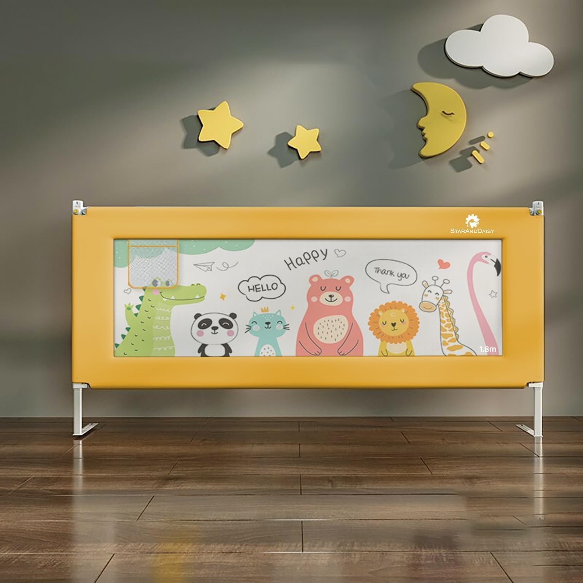 StarAndDaisy Baby Bed Guard Rail with T- Body Support Frame, Adjustable Height/Portable Single Side Bed Rail for Infant & Toddler's Safety (Printed Yellow-1.8 M)