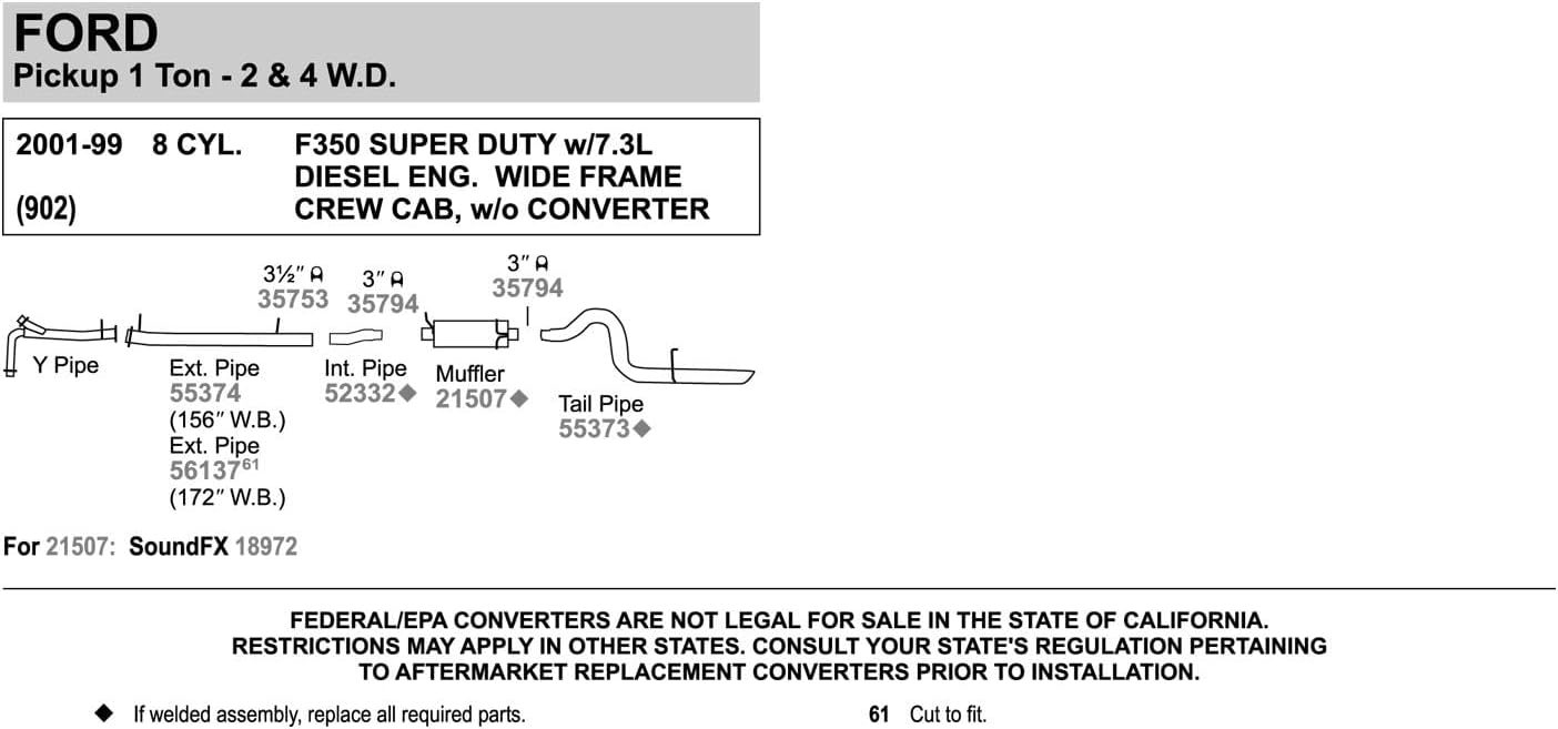 Walker 56137 Exhaust Pipe 3" Inlet (OD) 3.5" Outlet (OD) for Ford F-250 Super Duty