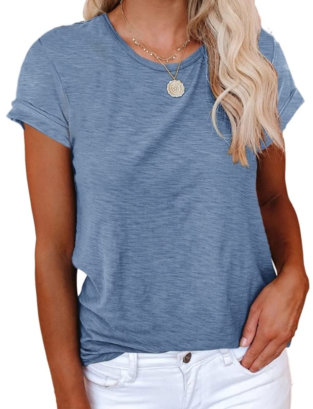 Haslike Damen T-Shirt Sommer Einfarbig Rundhals Loose Fit Kurzarm T-Shirt