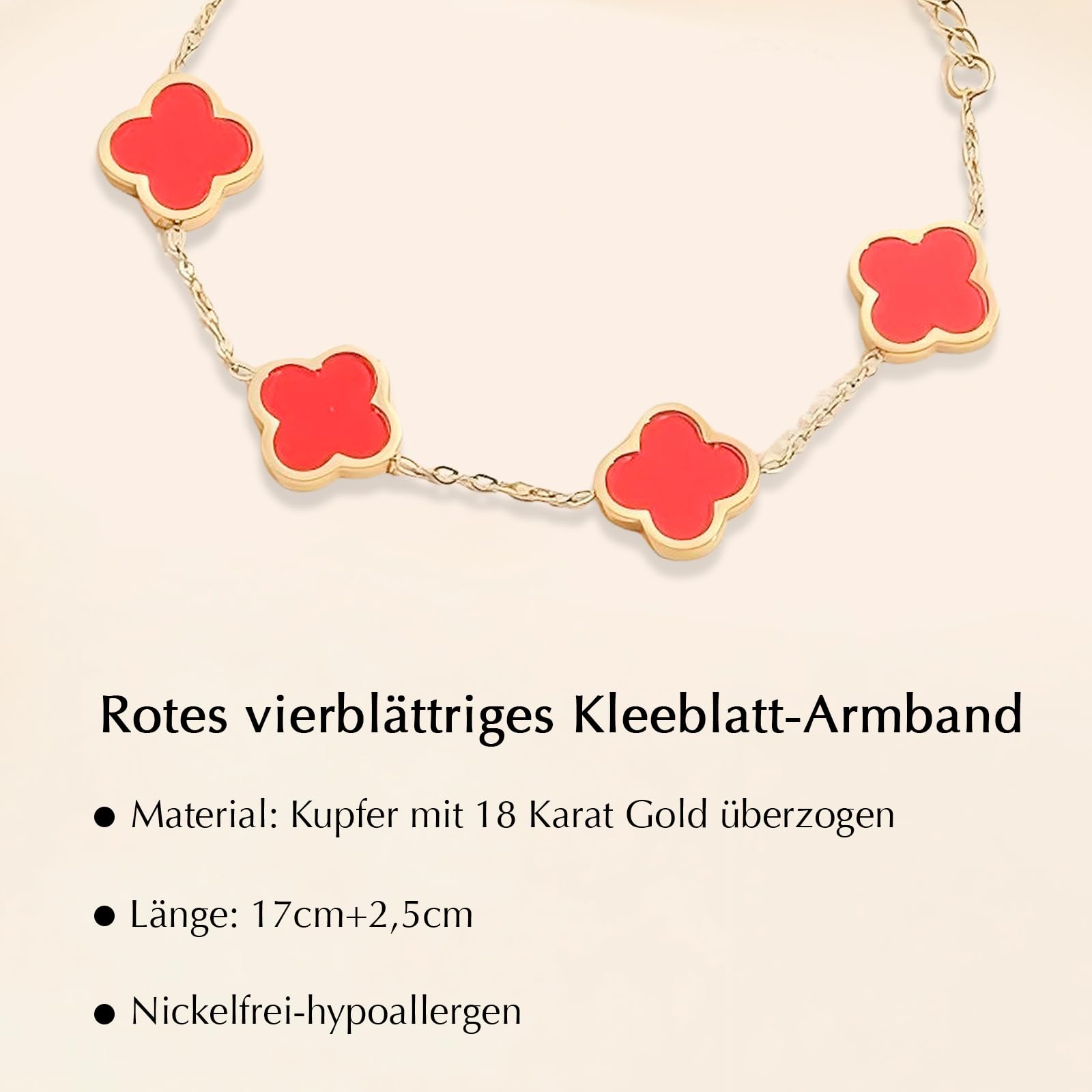 Bracciale a quadrifoglio, quadrifoglio, rosso, placcato in oro 18 carati, gioiello in acciaio inox, adatto come regalo per donne, parenti e amici