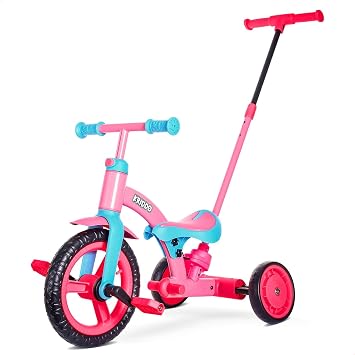 KRIDDO 4 in 1 Kids Tricycle for 1.5-3 Years Old with Parent Steering Push Handle, 12" Front Wheel Trike Toddler Balance Bike for Boys 18 Months to 3 Years Old Boys Girls Height Adjustable Pink