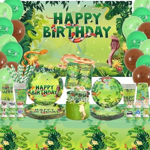 Obussgar Snake Birthday-partydekorationer – snake partytillbehör inklusive kuliss, tallrik, kaka topp, kopp, servett, ballong, bordsduk – 20 personer (BJ)