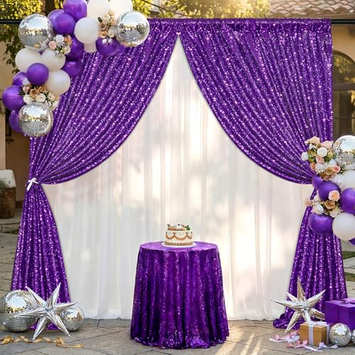 Image of Purple Sequin Backdrop 2 Pieces 2ftx8ft Wedding Glitter Curtain Backdrop Arch Fabric Drapes for Baby Shower Birthday Party Decoration