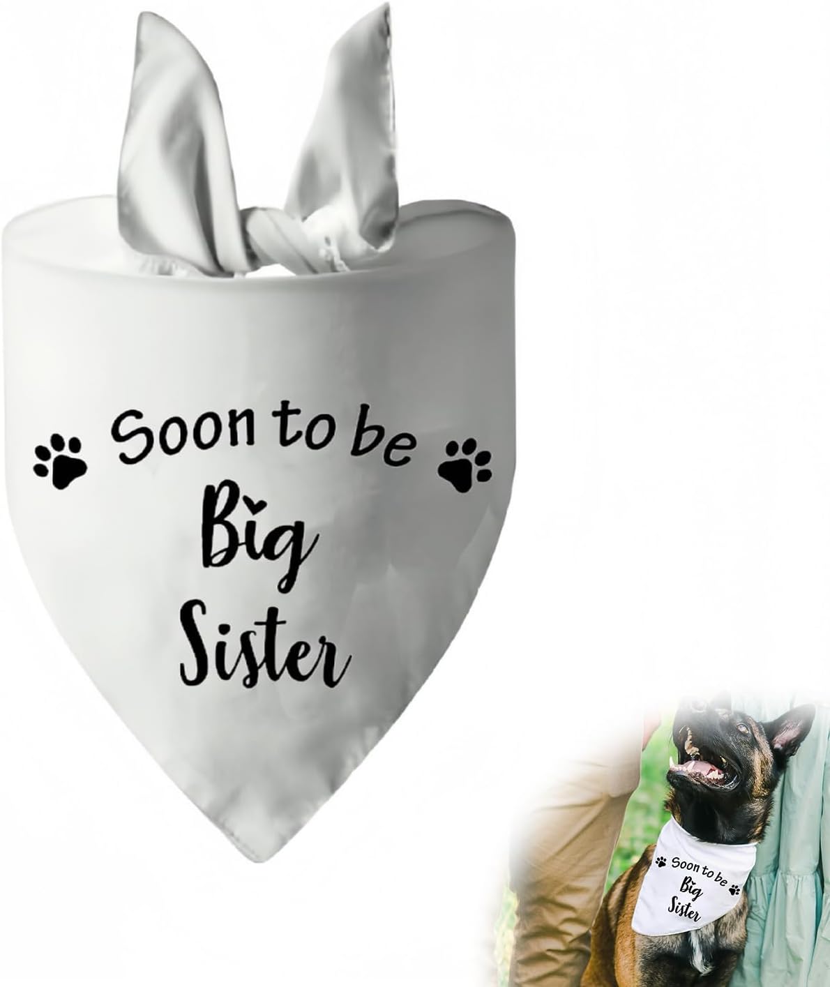 1 Pc White Dog Bandana Modal Triangle Pet Neckerchief with “”Soon to be Big Sister” ” Words and Paw Prints Washable Scarf Bibs Accessories for Large or Small Dogs Gender Reveal 42x42x62cm