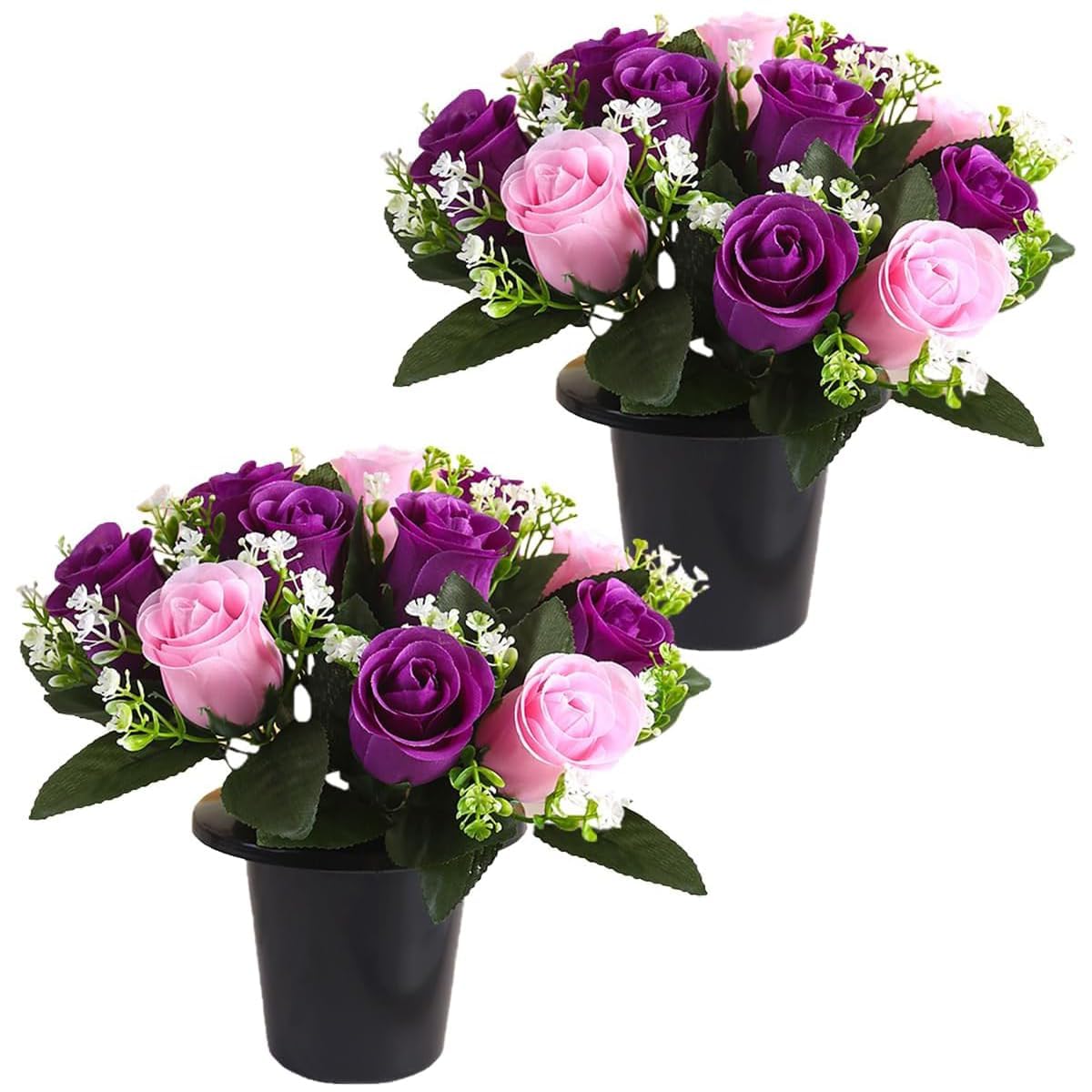 Etomvoop Pink+Purple 2Pcs Grave Flowers In Pot, 12 Heads Artificial Rose Cemetery Flower, Uv Resistant Funeral Memorial Floral For Outdoor Graveside Decoration
