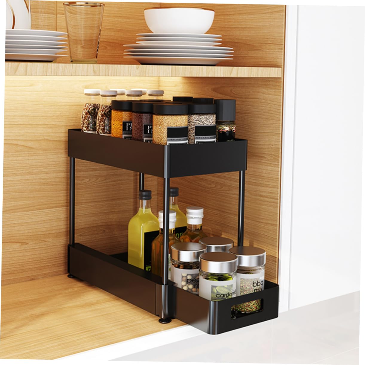 MAGICLULU Organizer Estraibile a 2 Livelli Sottolavello Nero | Acciaio al Carbonio Fondo Cavo Struttura Ventilata Plastica e Bordi Rialzati