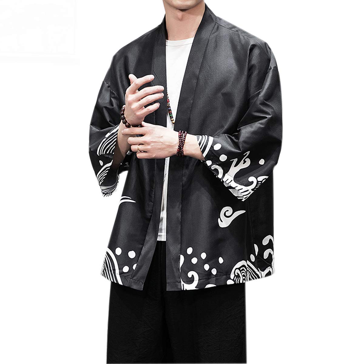 Men's Kimono Cardigan Jacket Japanese Style Flying Crane Seven Sleeves Open Front Coat
