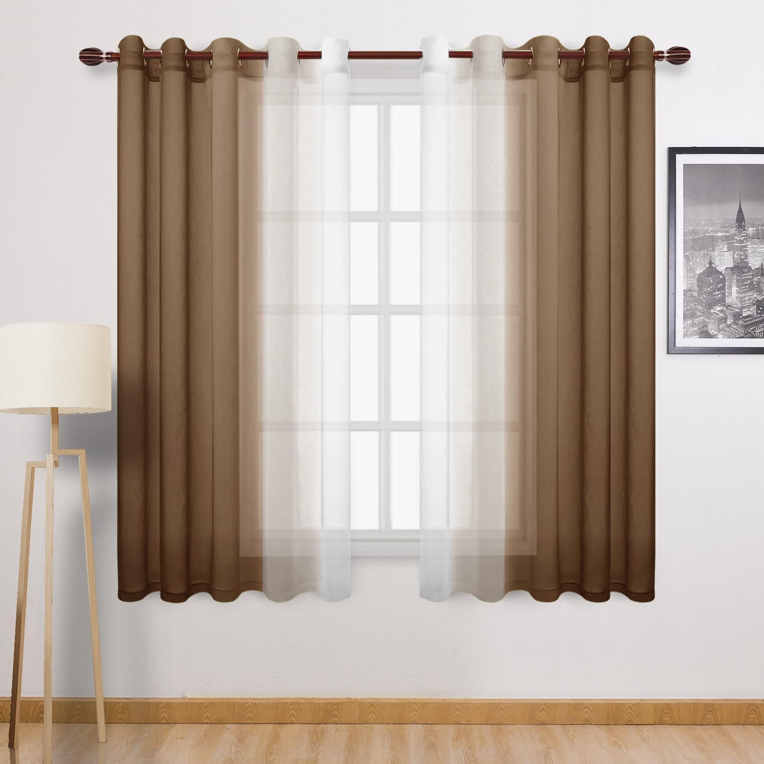 DWCN Ombre Sheer Curtains - 63 inches Faux Linen Semi Voile Gradient Light-Filtering Bedroom and Living Room Curtains, Set of 2 Grommet Top Window Drape Panels, 60 x 63 Inch Length, Warm Brown โ image 1