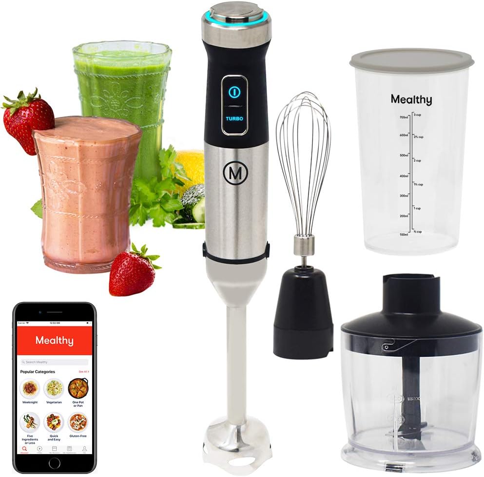 Immersion Hand Blender: 500 Watt, 10 Speed Controls Plus Turbo, Includes 500mL Chopper and Whisk, and 600mL Smoothie Cup. Stainless Steel & BPA-free; Instant Access to Recipe App with Videos