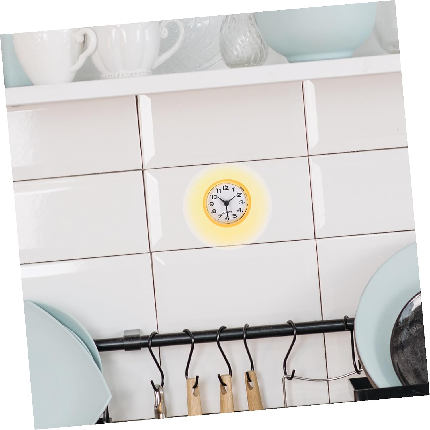 Bathroom Clock with Suction Cup Silent Wall Clock with Calendar Display Shatterproof Glass Mirror Surface Stylish Yellow Design for Kitchen and Shower Use