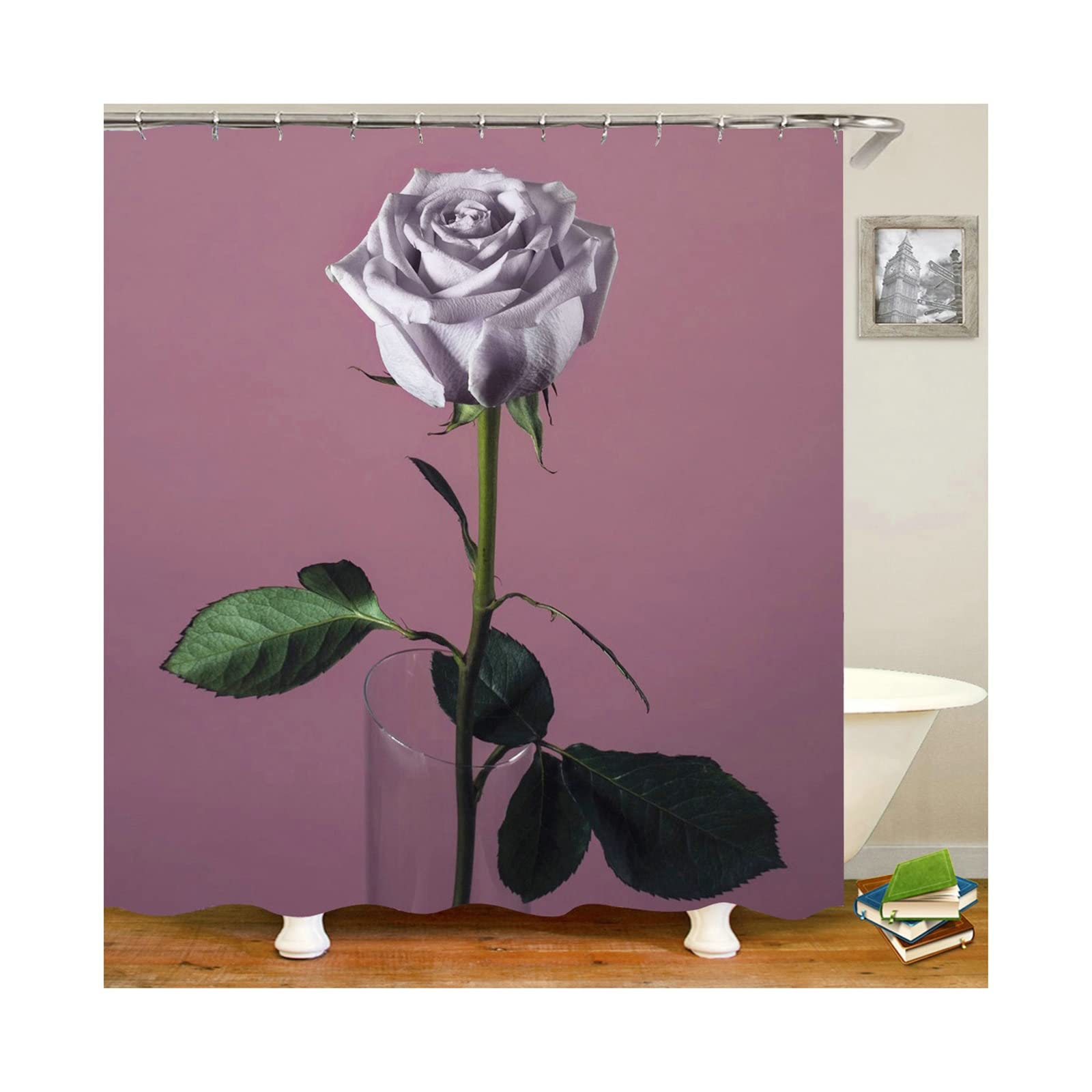 Rideau de douche 180x200cm polyester mauve à motif rose KnSam avec anneaux inclus