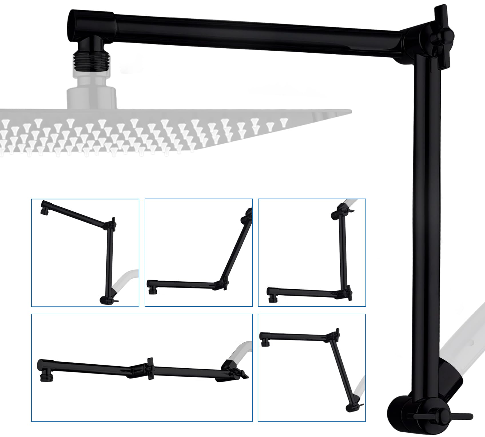 G-Promise 16 Inch Shower Head Extension Arm, Solid Brass Height & Angle Adjustable Extender, Rise or Lower Rainfall and Fixed Shower Head (Matte Black)