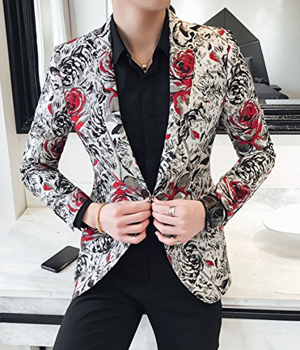 OUYE Men's Red Black Rose Print Casual Blazer2