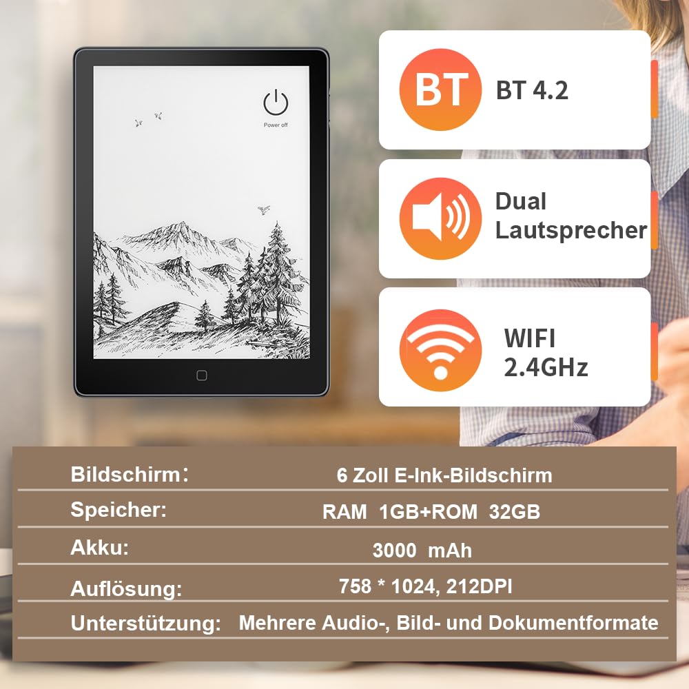 Veidoo E-Book-Reader mit großem E-Ink-Bildschirm, 15,2 cm (6 Zoll), 32 GB ROM, 758 x 1024, 212 dpi, einstellbares Smartlight, Android E-Reader, integrierter Lautsprecher, WiFi-E-Ink-Tablet mit
