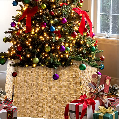 Feqo Christmas Tree Collar Rattan Wicker Christmas Tree Basket Skirt Plastic Ring Base Cover Bottom For Xmas Tree Party Ornaments Holiday Home Decor (Burly Wood) #TOP12