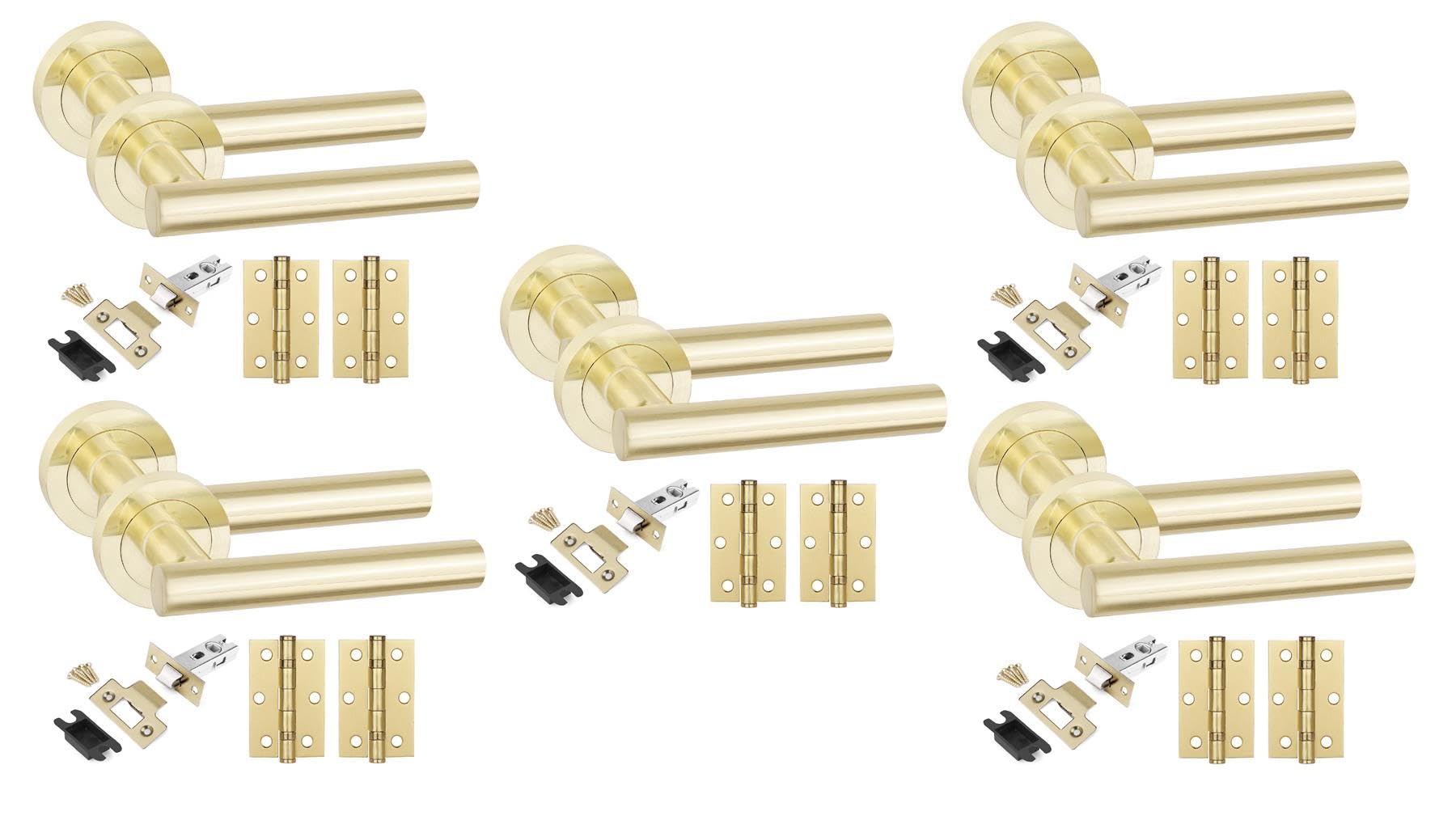 Golden Grace T-Bar Door Handles with Latch & Hinges, 5 Sets Satin Brass