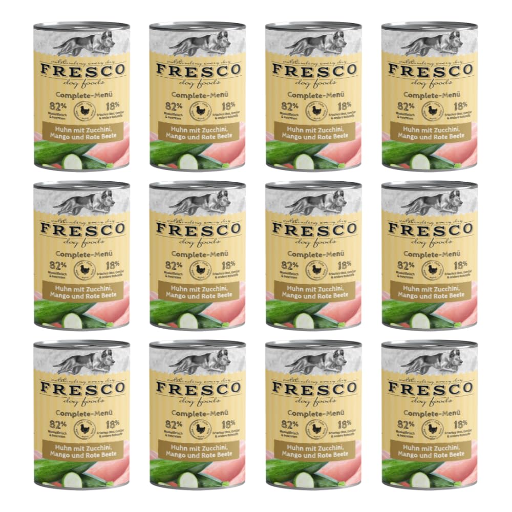 Fresco Complete-Menü Huhn mit Zucchini, Mango & Rote Beete | 12er Pack | 12 x 400 g | Nassbarf für Hunde | Wichtige Proteine & Eiweiß | Aus reinem Muskelfleisch
