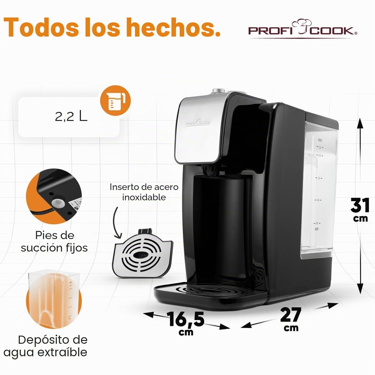 ProfiCook PC-HWS 1168 - Dispensador de agua a alta velocidad (100 °C, aprox. 3 segundos, ajuste de temperatura variable de 45 °C a 100 °C, hasta 2,2 litros de capacidad, inserto de acero inoxidable.