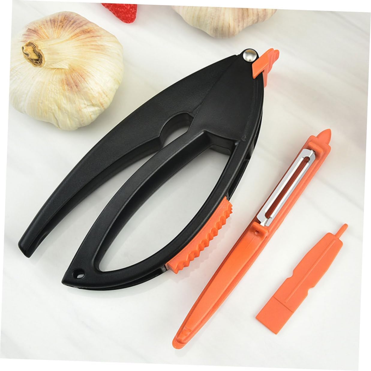 BETOOKY Garlic Press Set with Manual Crusher and Stainless Steel Peeler Kitchen Accessory 3pcs Tool for Garlic Puree and Fruit Peeling Home Cooking Gadget and Peeling