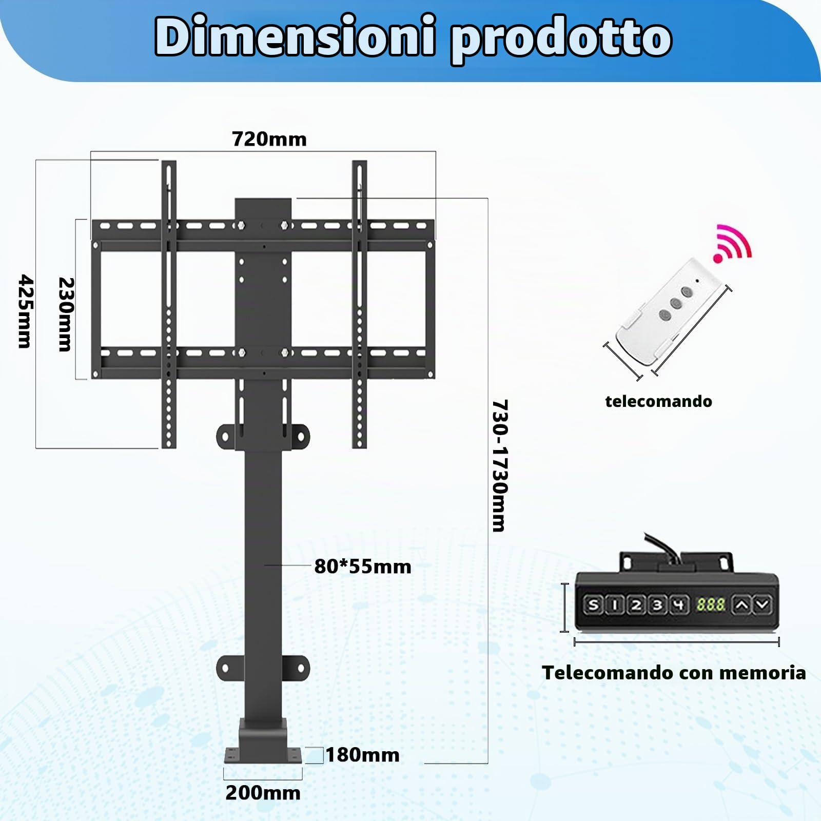 Sollevatore Motorizzato per TV da 26 A 75 Pollici, Supporto TV Motorizzato con Telecomando E Impostazione di Memoria, può Essere Nascosto in Un Mobile