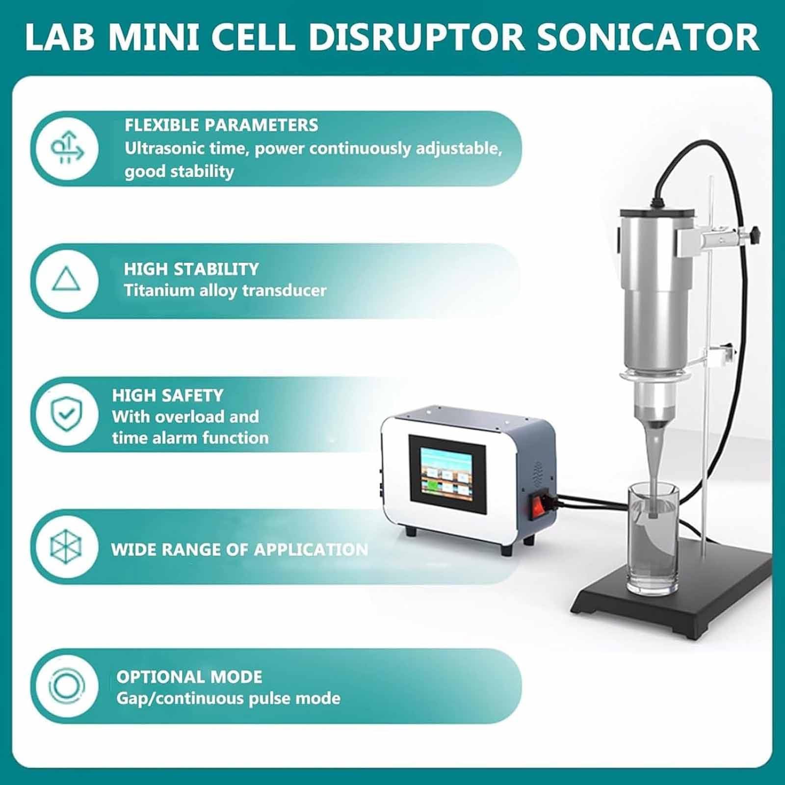 Labor-Homogenisator mit 8 mm Titan-Sonde, 20 kHz Zelldisruptor, 2000 ml Kapazität, 99 Minuten Timer für Emulgierung, Mischen und gleichmäßige Dispersion